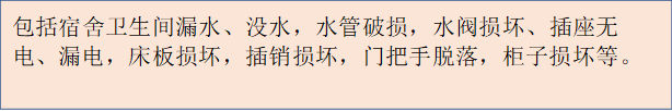 包括宿舍卫生间漏水、没水，水管破损，水阀损坏、插座无电、漏电，床板损坏，插销损坏，门把手脱落，柜子损坏等。